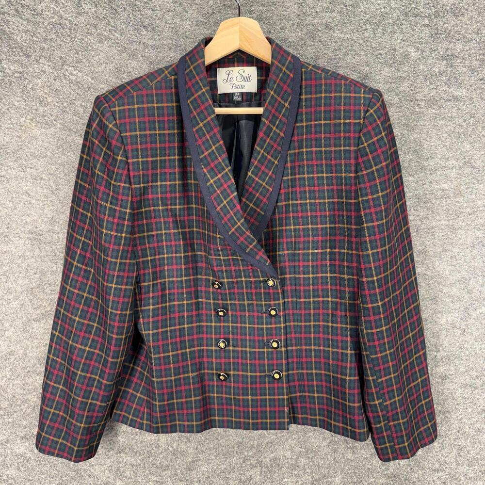 Le Suit Blazer Women 14P Petite Blue Plaid Collared Long Sleeve Button Up Lined
